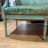 Louis XVI style bench in blue lacquered wood with gold trim
