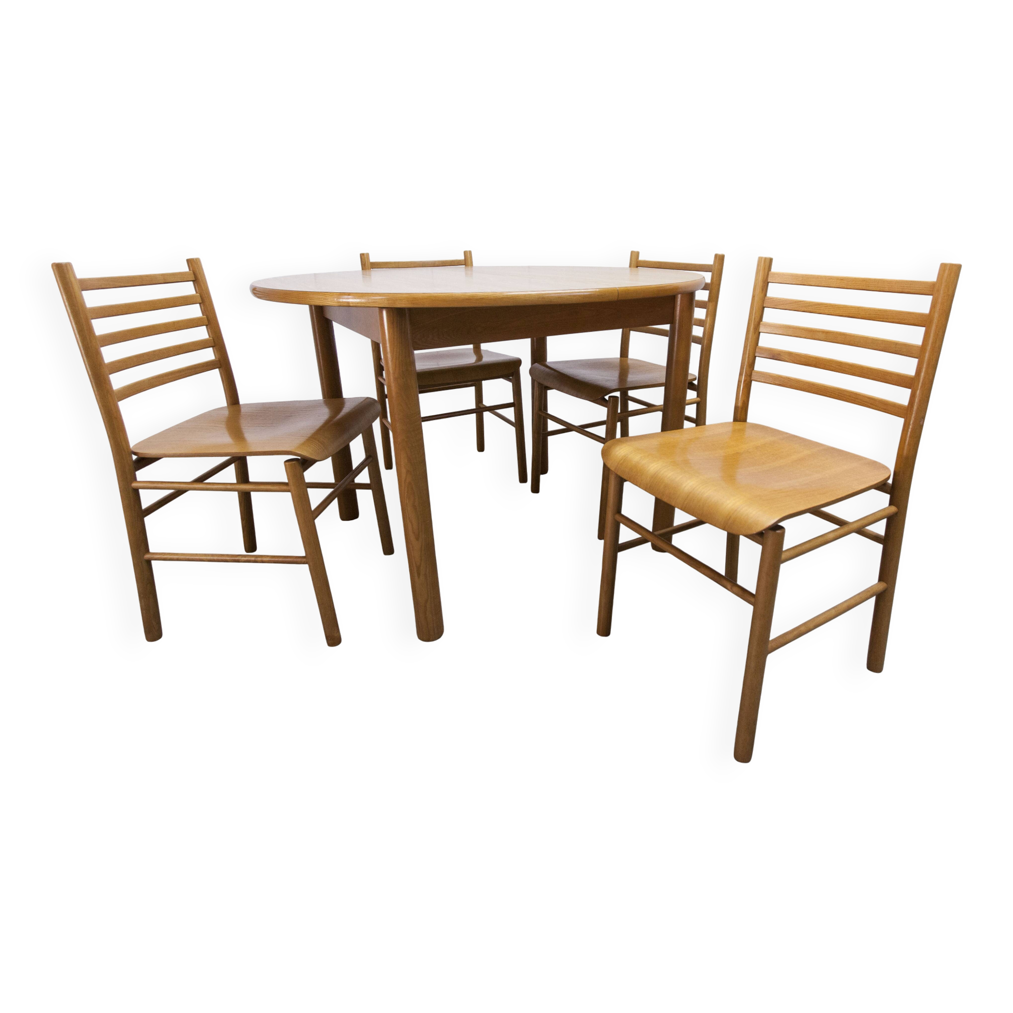 Danish ensemble transformable table 114 cm / 154 + 4 modernist chairs from the 1970s