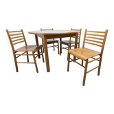 Danish ensemble transformable table 114 cm / 154 + 4 modernist chairs from the 1970s