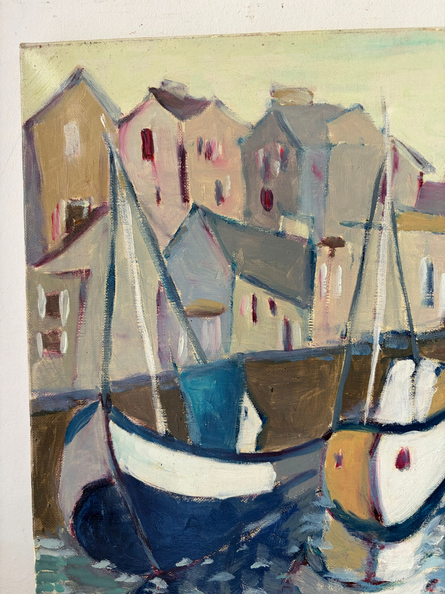 Houses by the port in the mist, oil on canvas signed 1989