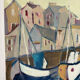Houses by the port in the mist, oil on canvas signed 1989