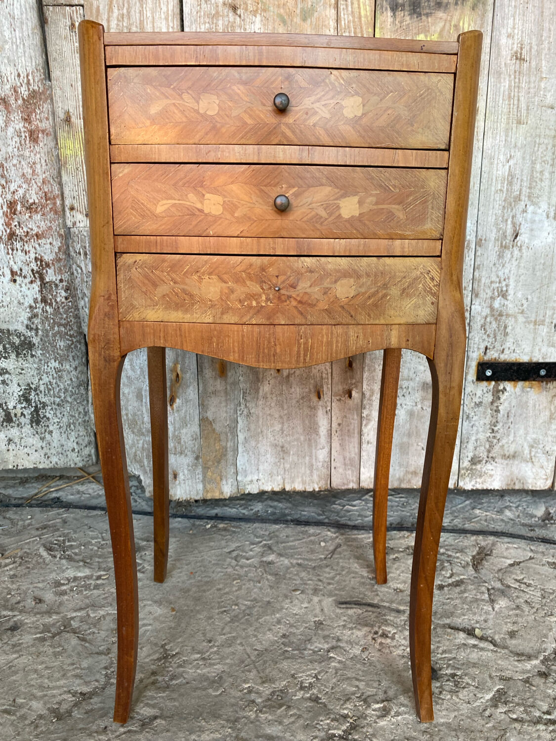 Antique Nightstand Louis XV Style Inlay Wood 3 Drawers Wine