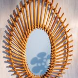 "Almond" or "eye" mirror, rattan from the 60s/70s