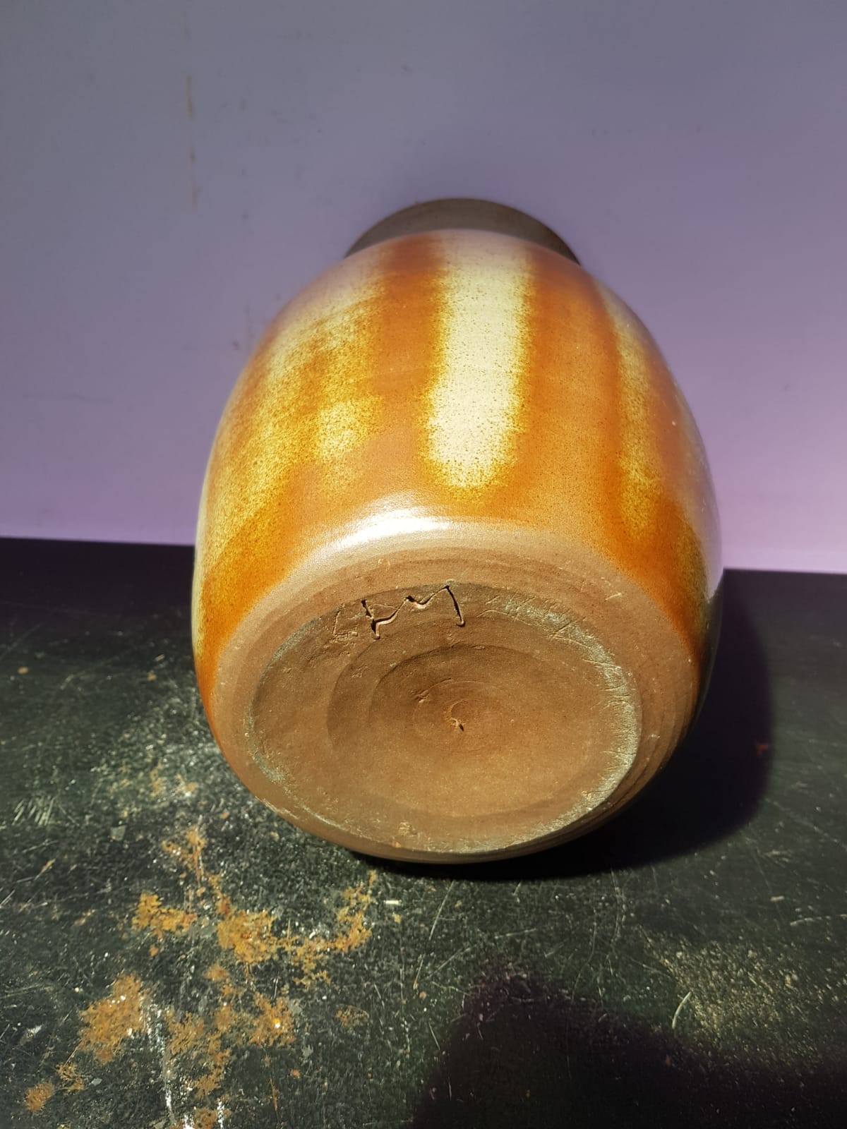 Old brown sandstone vase & beige signed deco 70s vintage