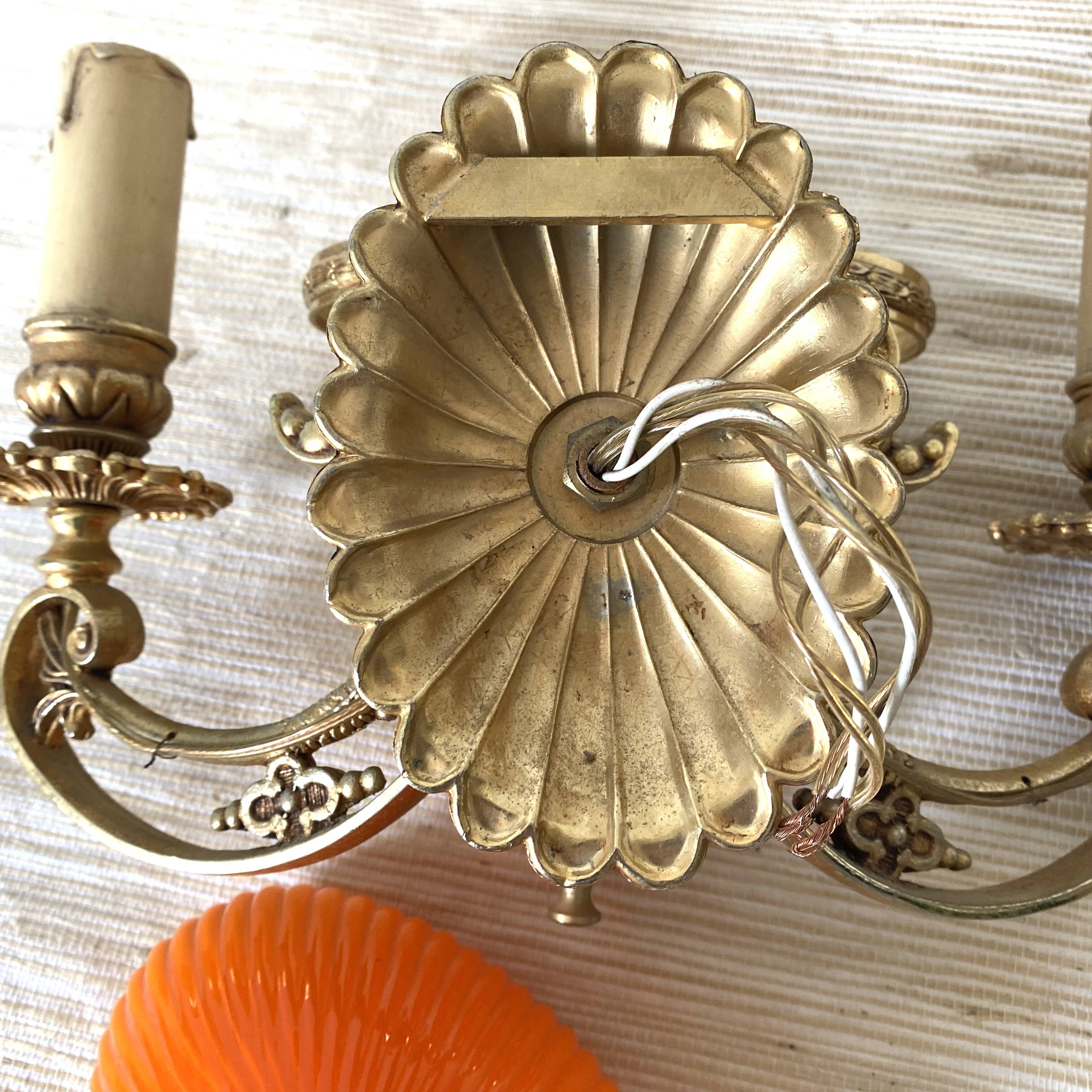 Double wall light in brass and orange opaline, 1960s.