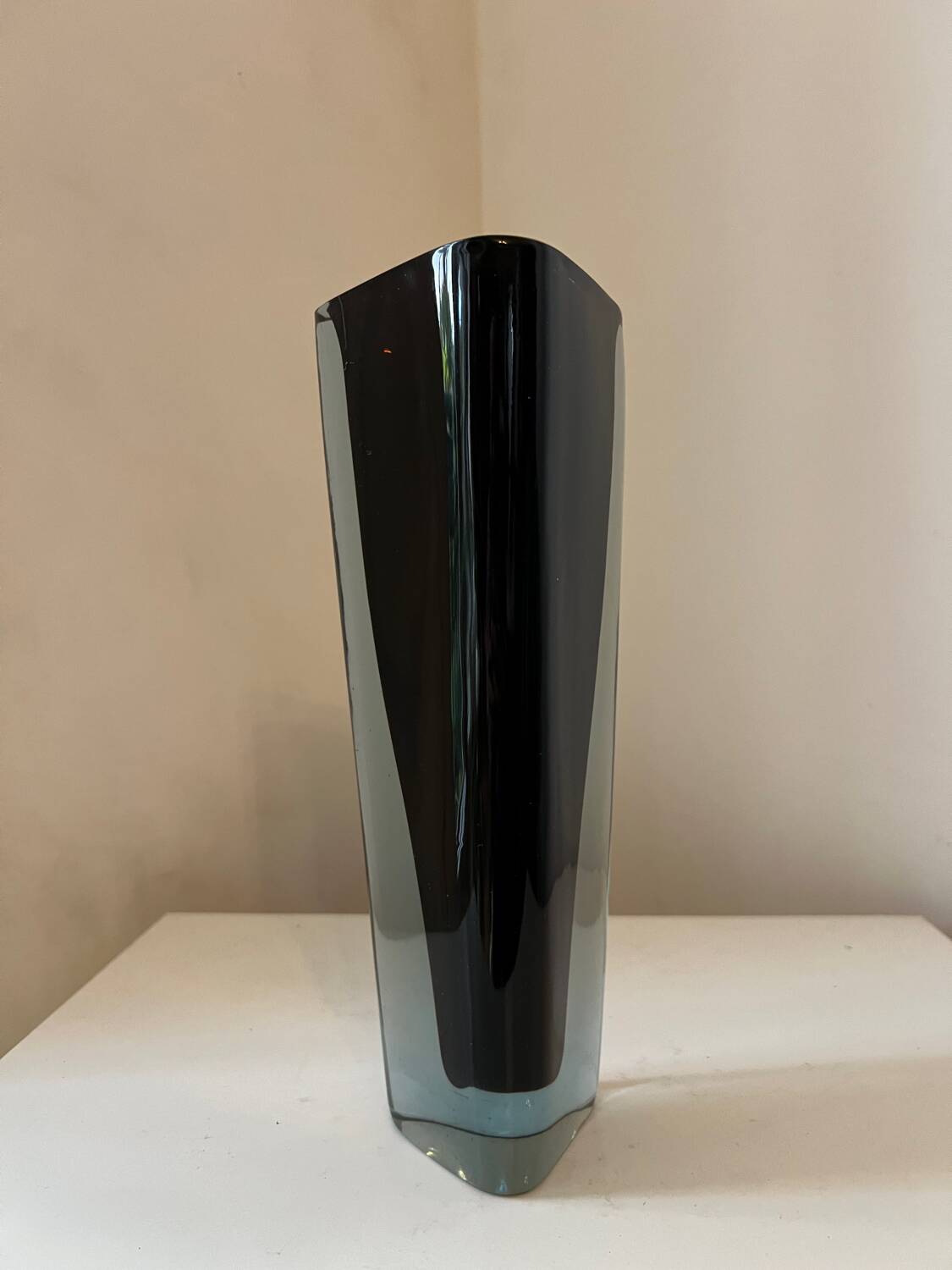 Large tall vintage crystal vase in a triangular shape, Murano style