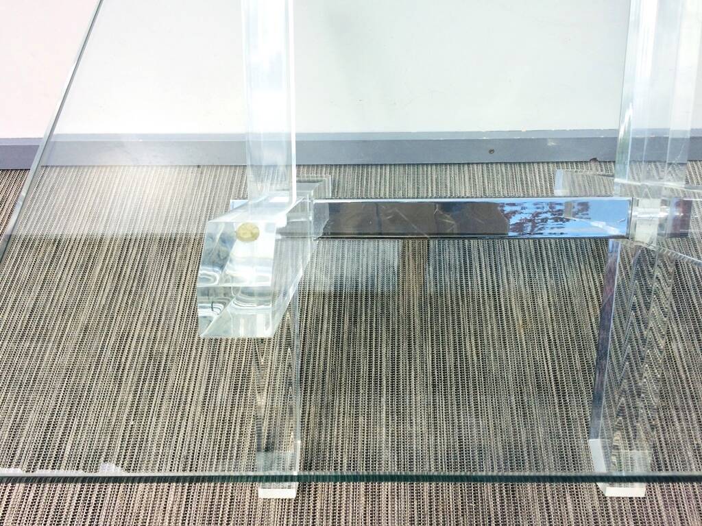 Square coffee table ' Trestles '. Plexi & glass. Vintage 80s