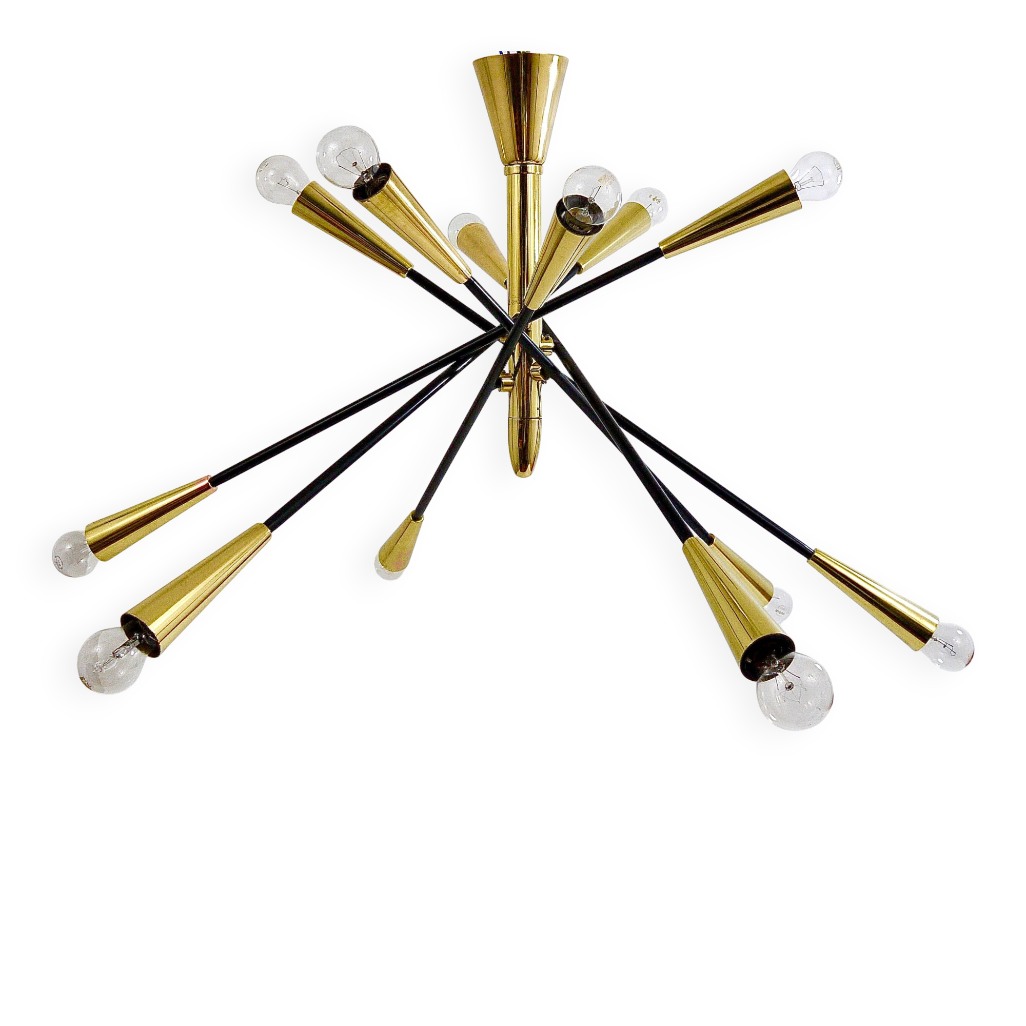 Black and brass articulated Sputnik chandelier in Stilnovo style, Italy, 1950.