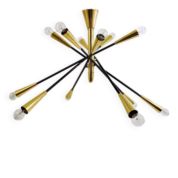 Black and brass articulated Sputnik chandelier in Stilnovo style, Italy, 1950.