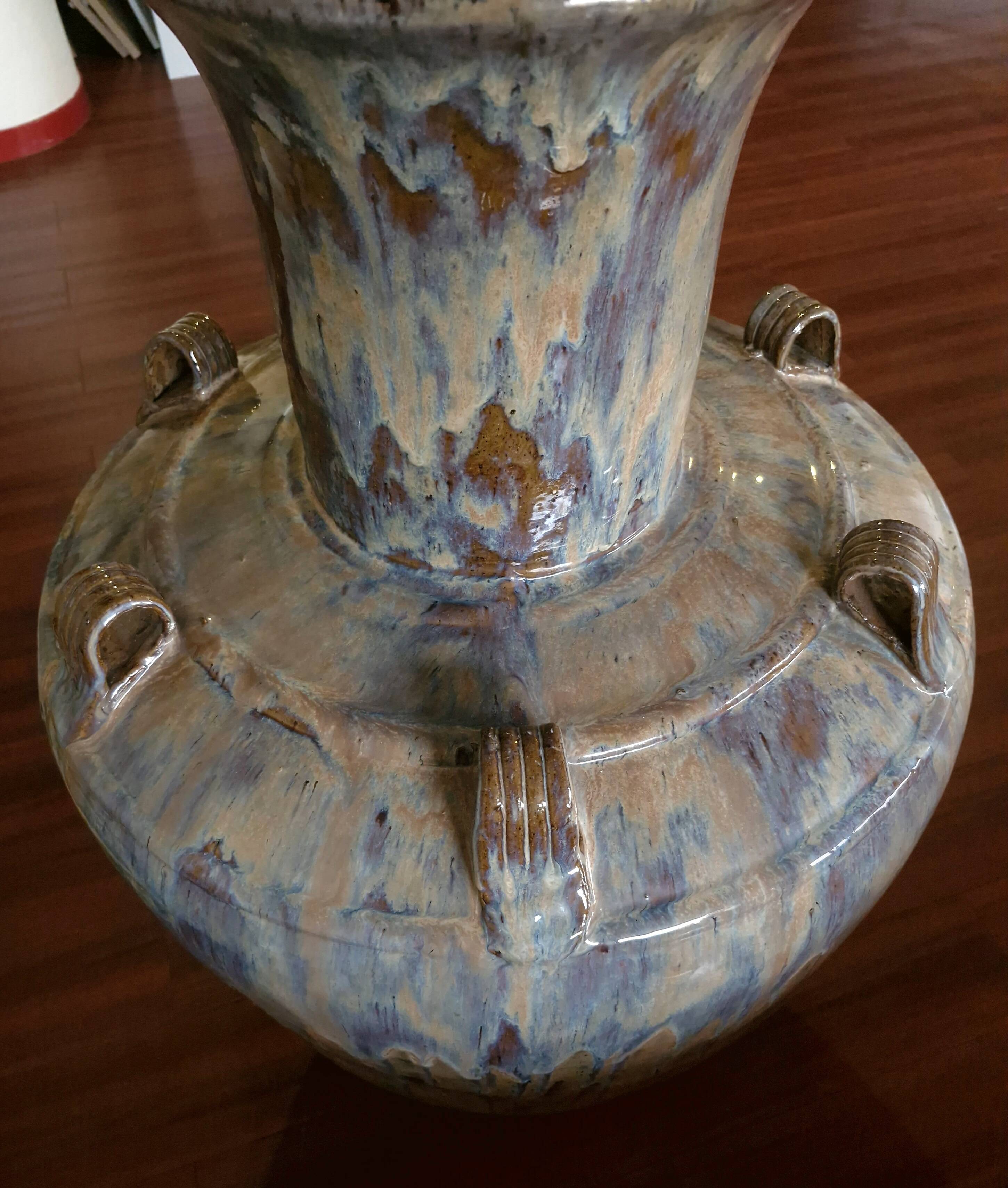 Large handled jar in glazed terracotta