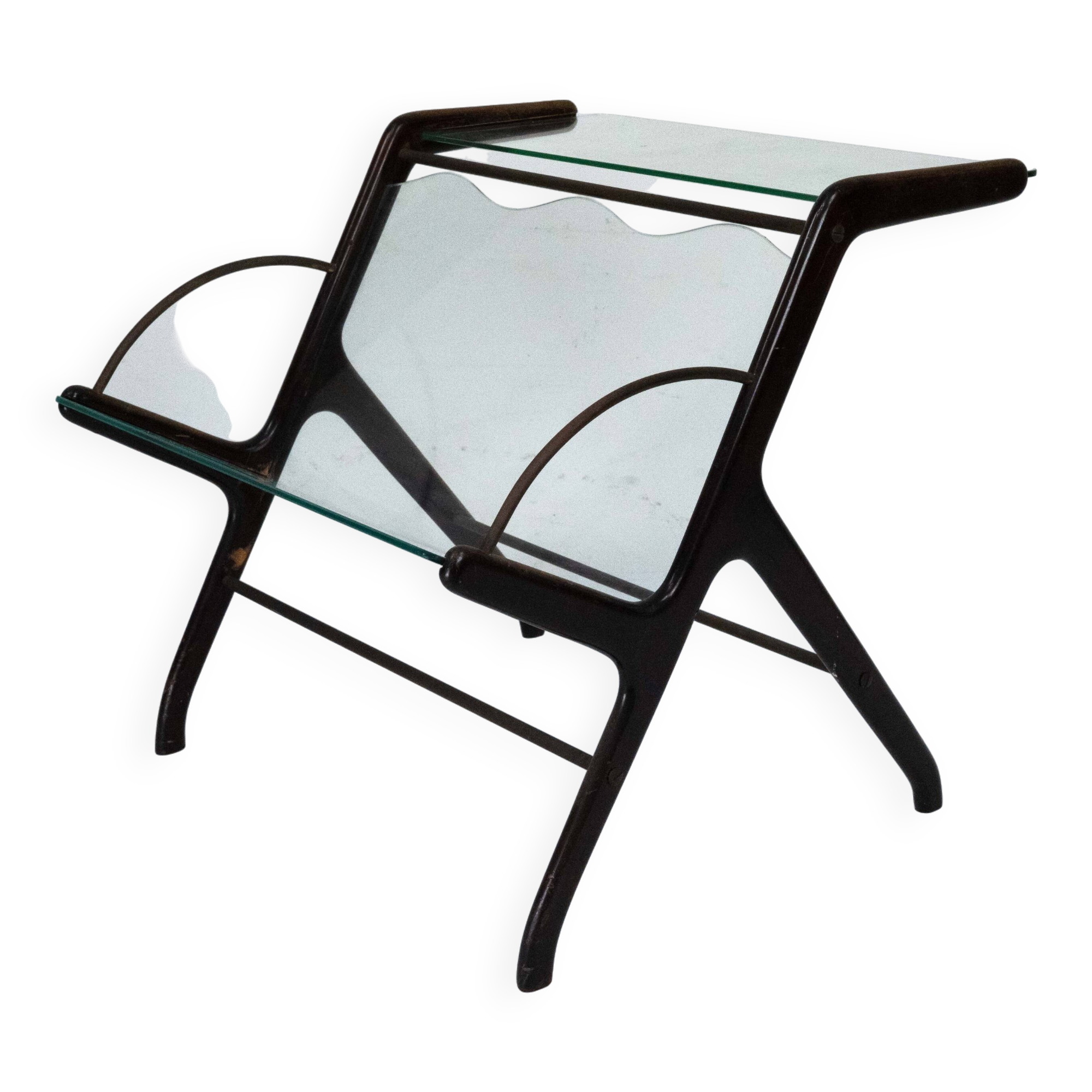 Ico Parisi Magazine Rack in Wood, Brass and Glass. Italy, 1950s