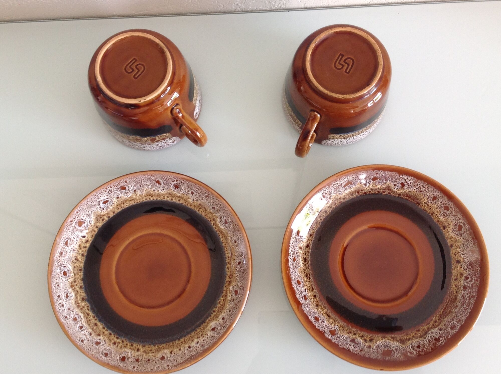 Two cups with saucers decor Hawai des Faienceries de Sarreguemines vintage 60s-70s