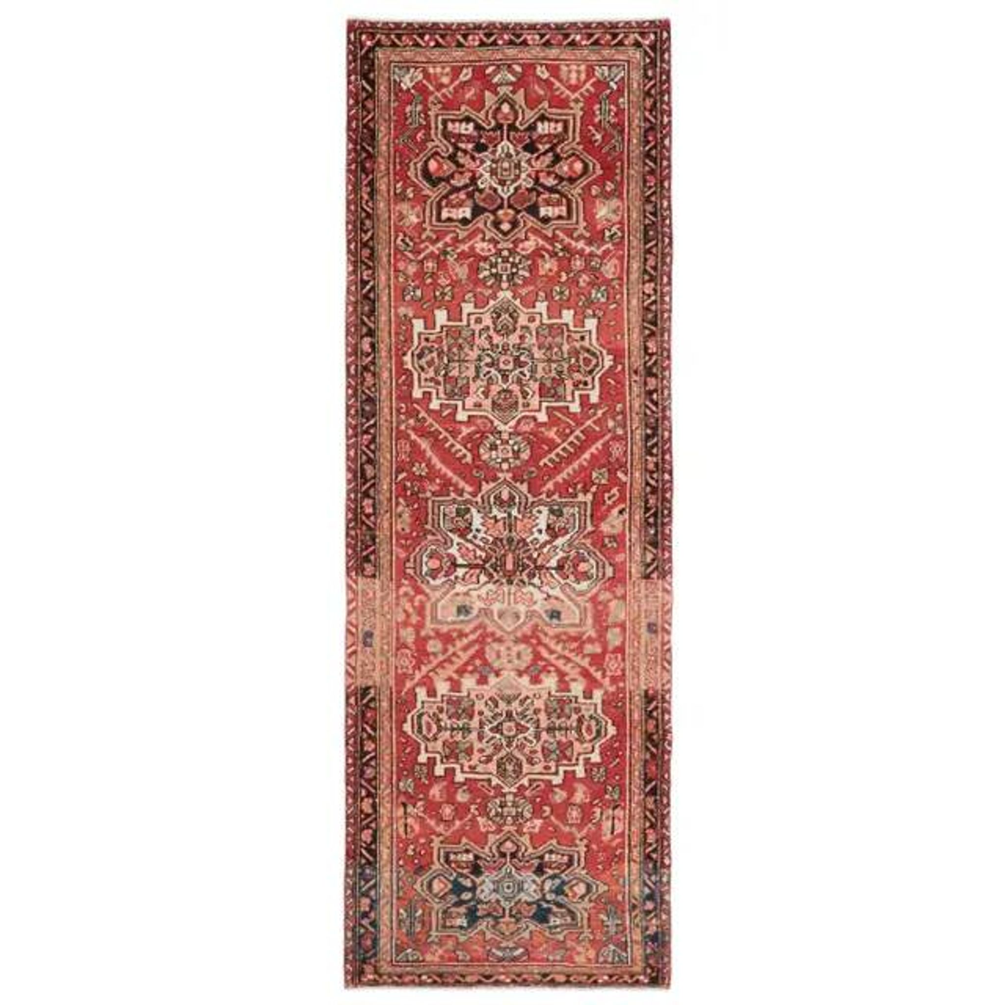 1970s Vintage Turkish Oushak Handmade Wool Cotton Red Runner Rug 101x305
