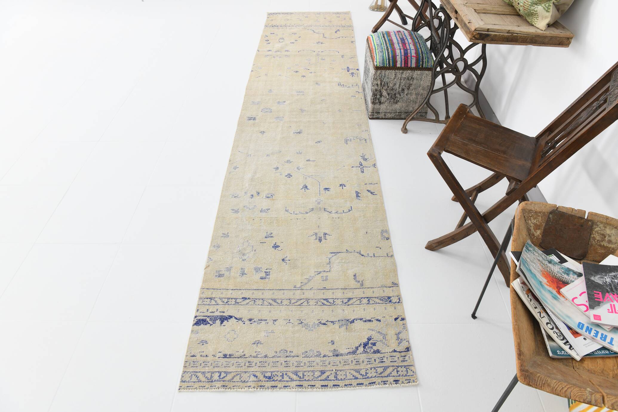 3x12 Blue & Beige Antique Vintage Runner Rug, 80x369Cm SK 23836