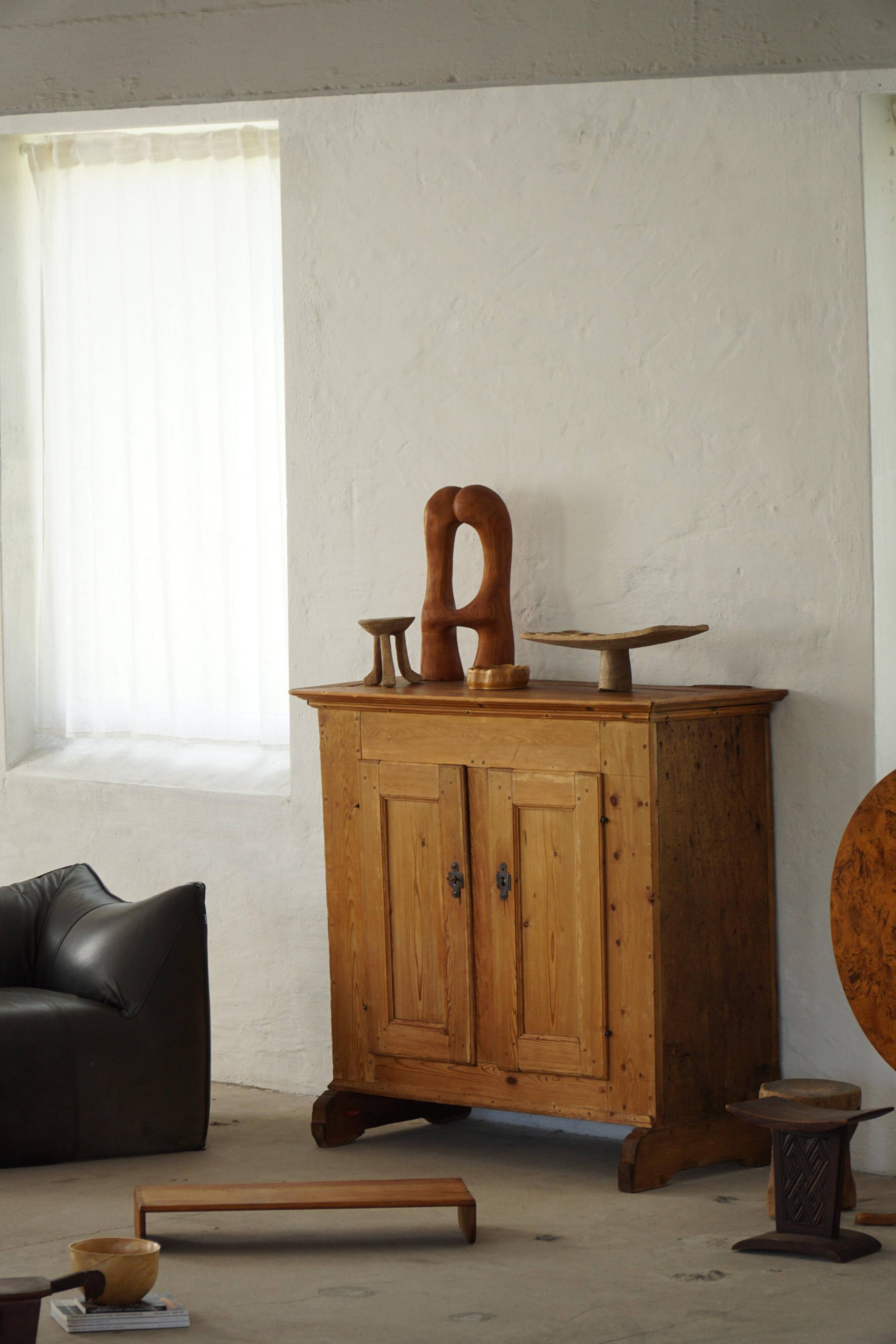 Antique Danish pine wardrobe with panelled doors, Wabi Sabi, late 18th century.