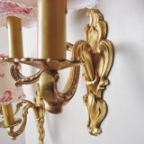 Pair of bronze sconces with four handmade toile de Jouy lampshades in France