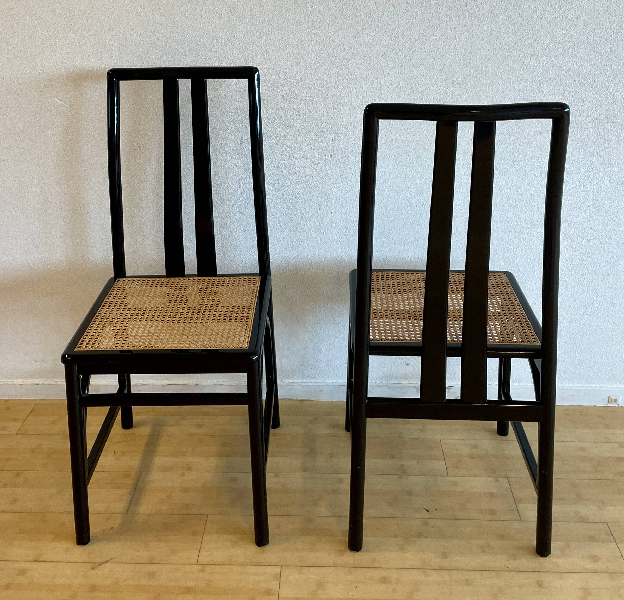 Set of 6 black lacquered and cane chairs by Montina s.p.a.