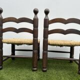 Pair of old low chairs in wood and straw