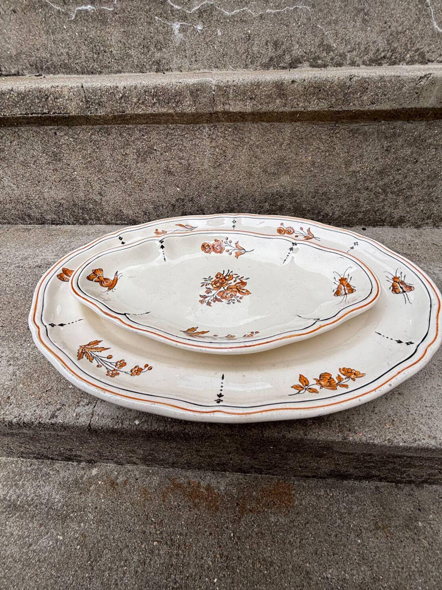 Duo of old plates Condé Longchamp – Terre de Fer, floral decoration & in