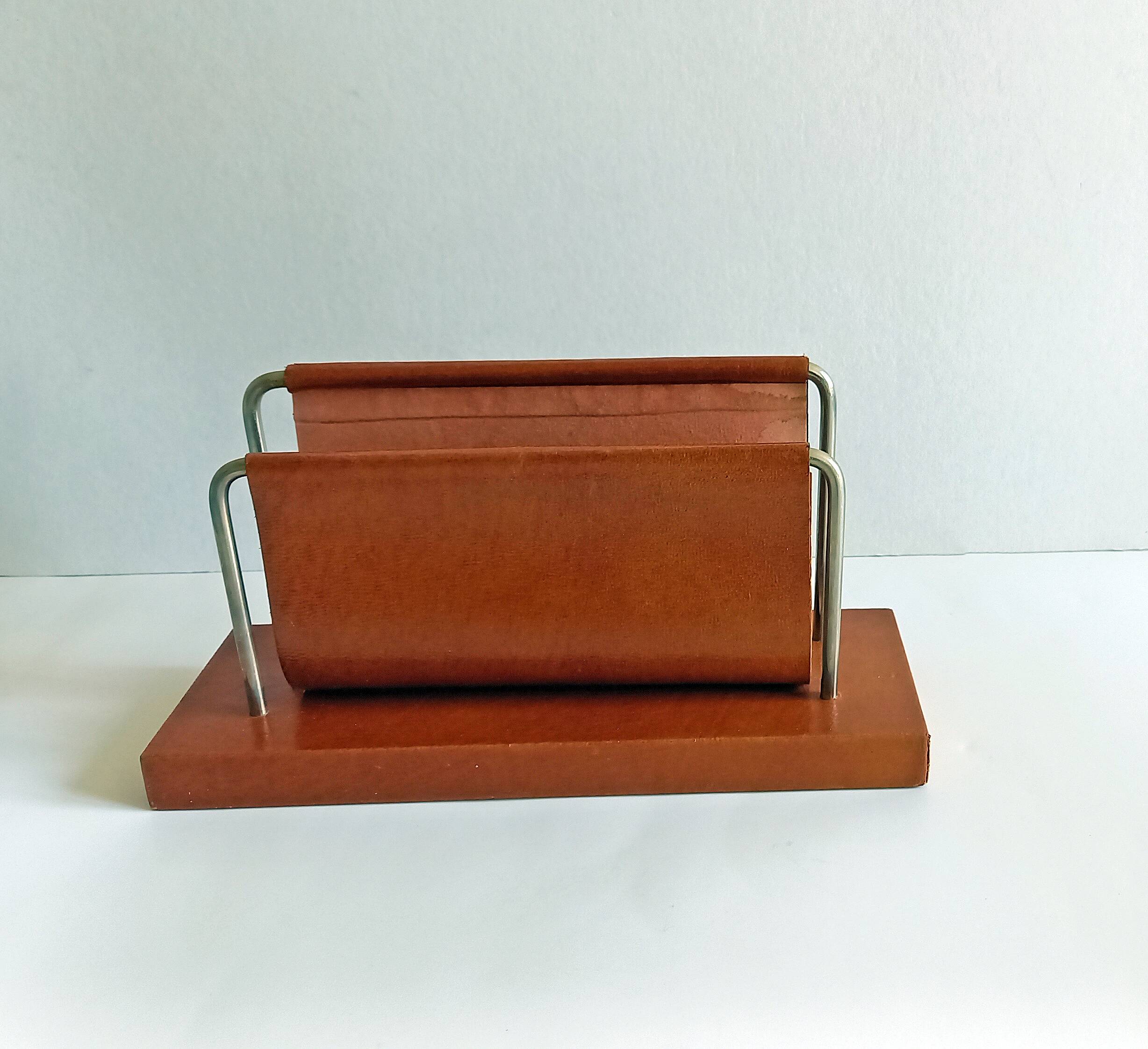 Old Mail holder / Office letter holder All leather Vintage 1960s