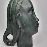 Stylized female head in terracotta, modernist style, signed, 23 cm