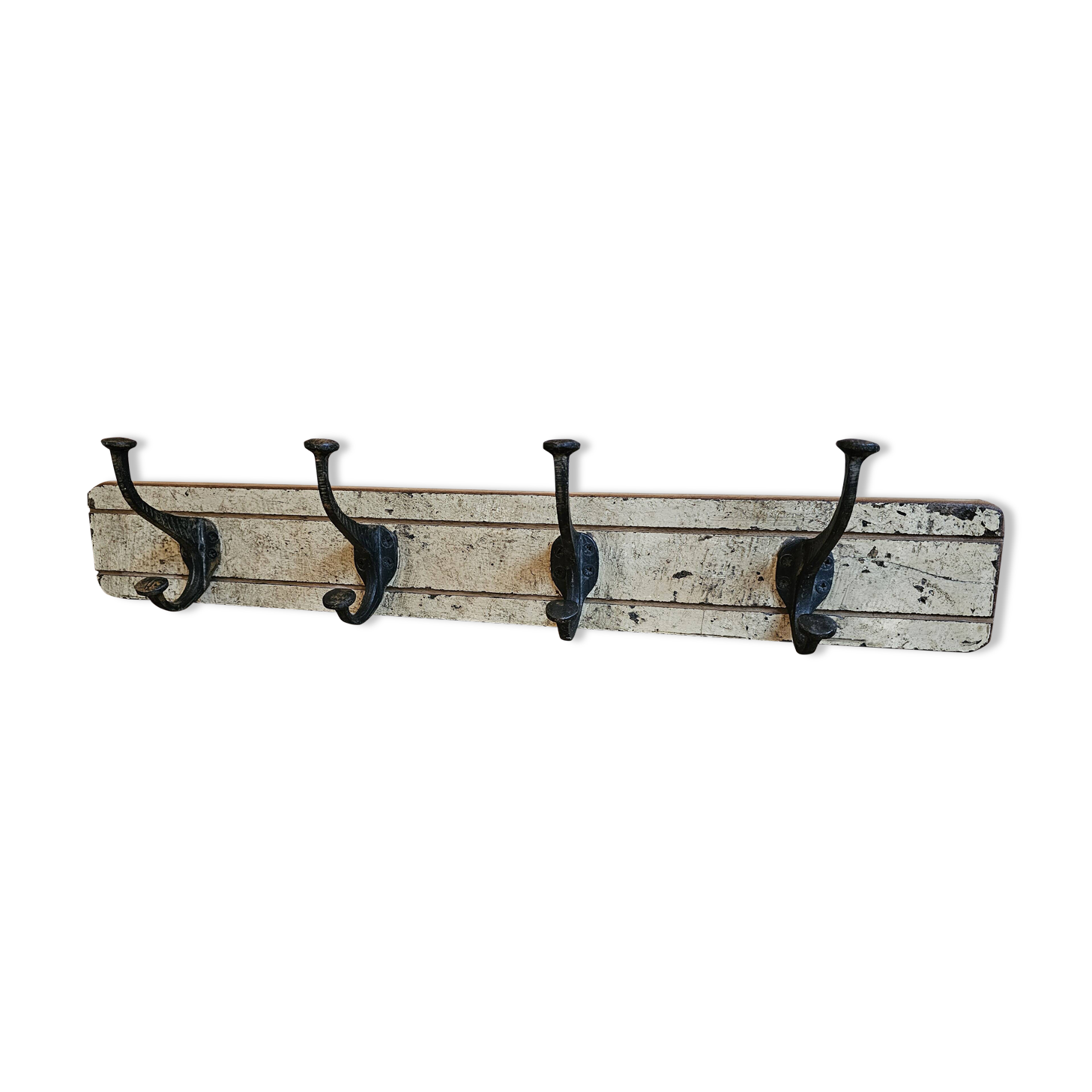 Solid teak coat hook with 4 double cast iron hooks