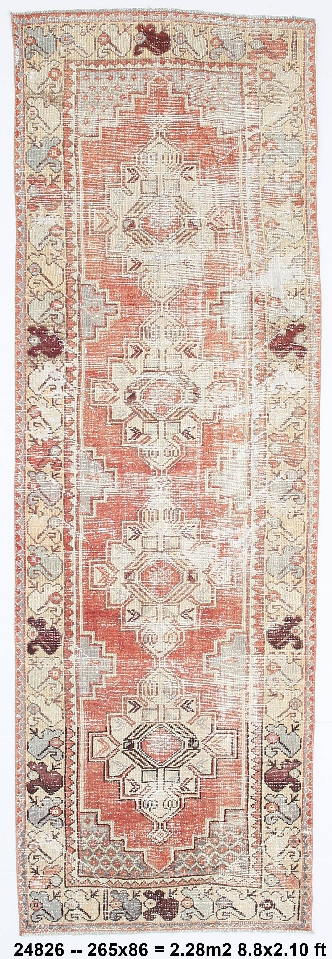Red & Cream Vintage Persian Runner Rug, 86x265Cm