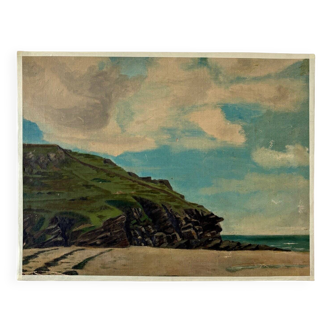Peinture à l'huile sur toile "Plage, rochers et mer" n°48