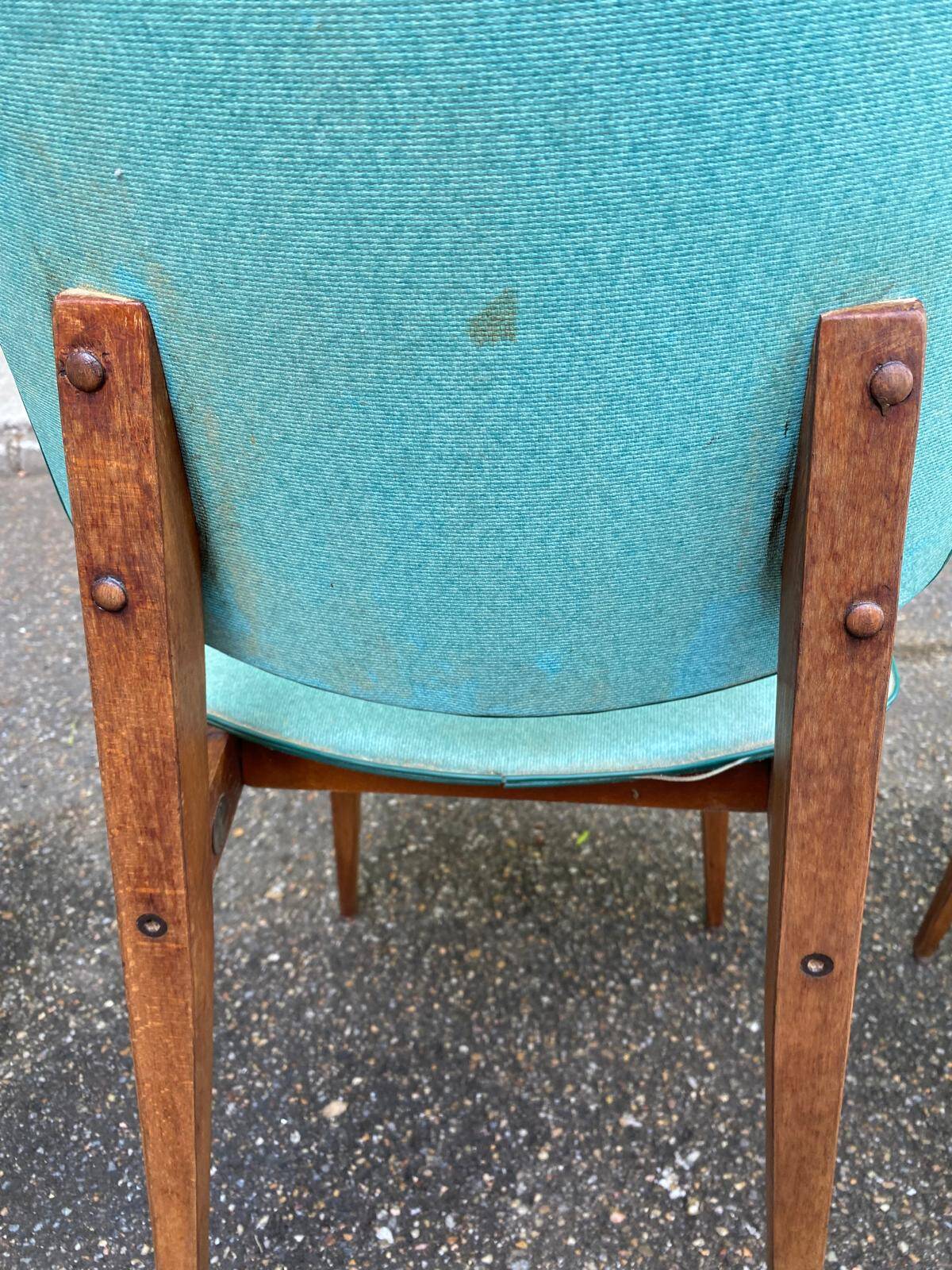 4 Scandinavian dining chairs in solid wood and blue-green leather from the 1950s.
