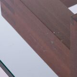 French Brutalist Design coffee table of teak with glass top, 1970