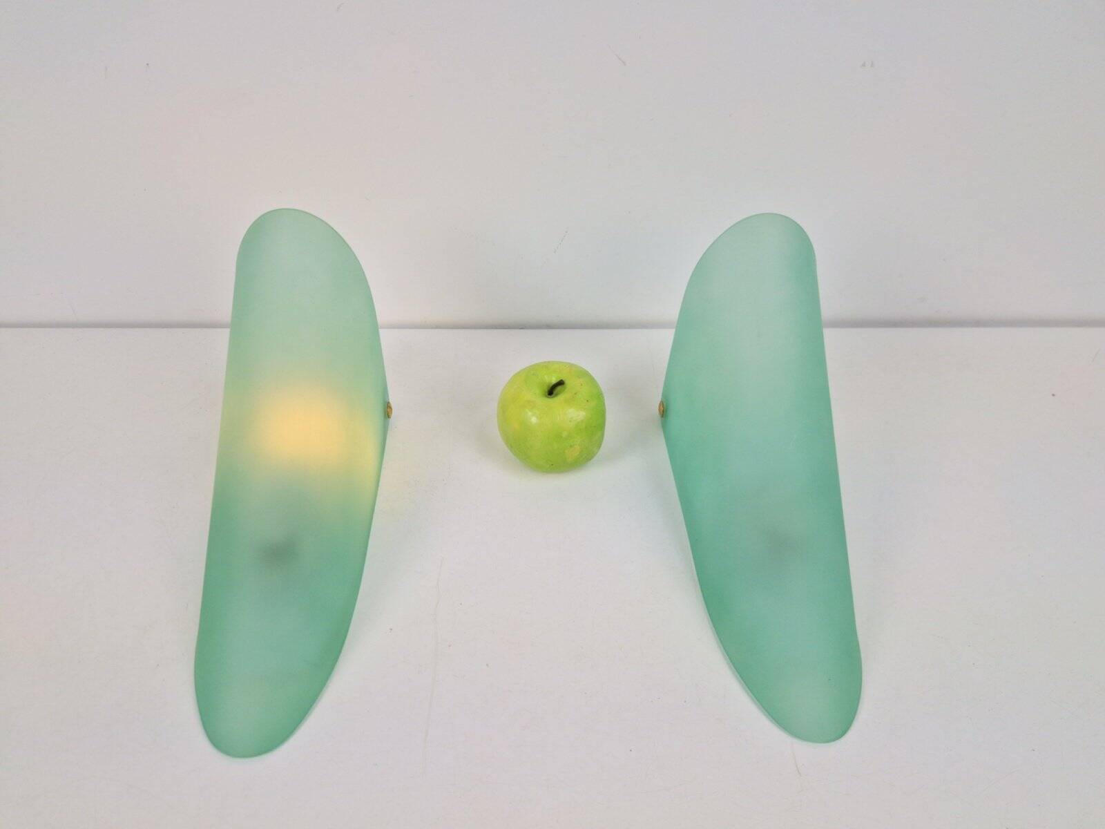 Vintage Triangular Conical Wall Sconces in Green Frosted Glass, 1990s, Set of 2