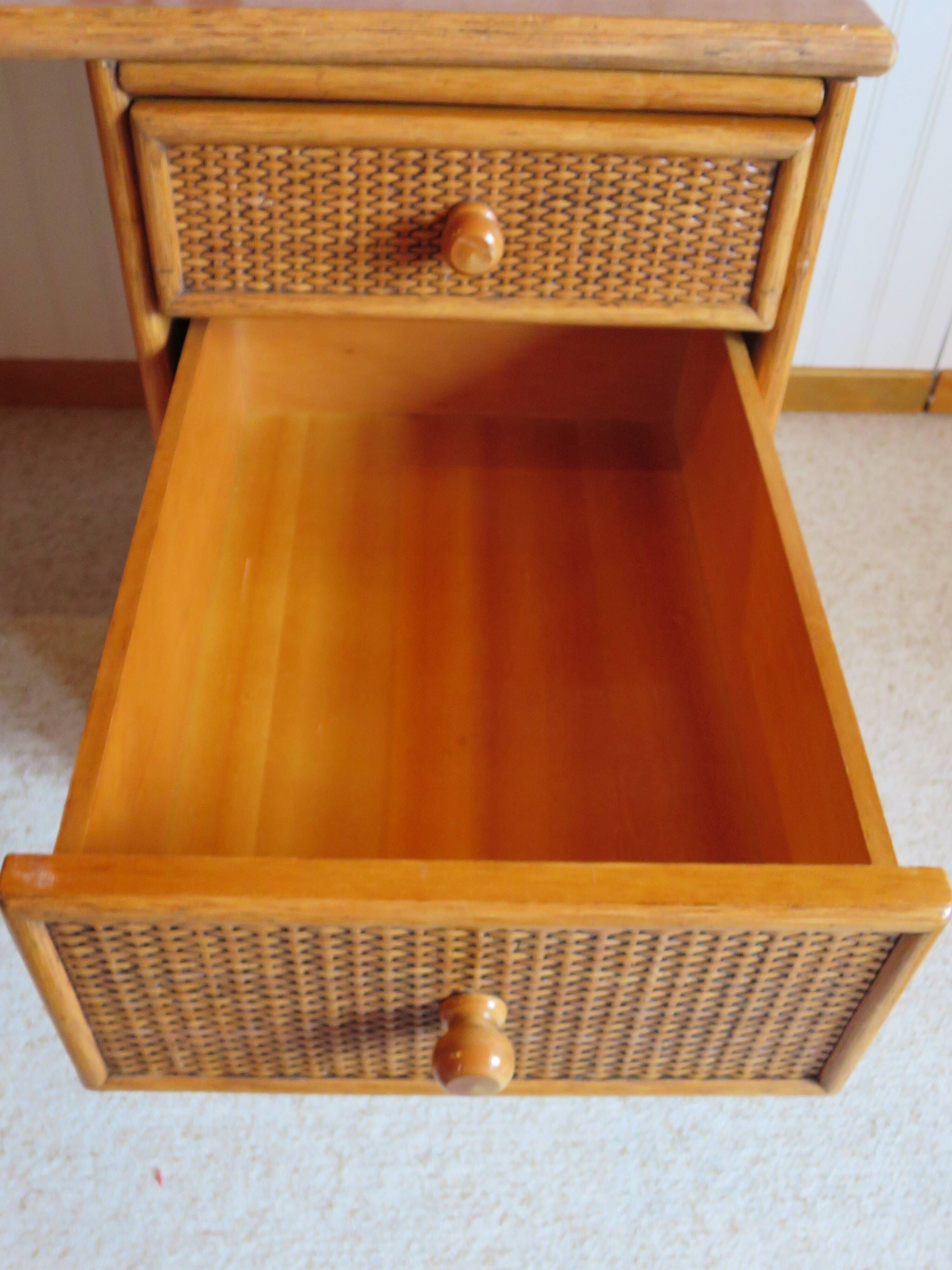 Rare vintage desk Ash and woven rattan - Large top - 6 drawers - Functional desk