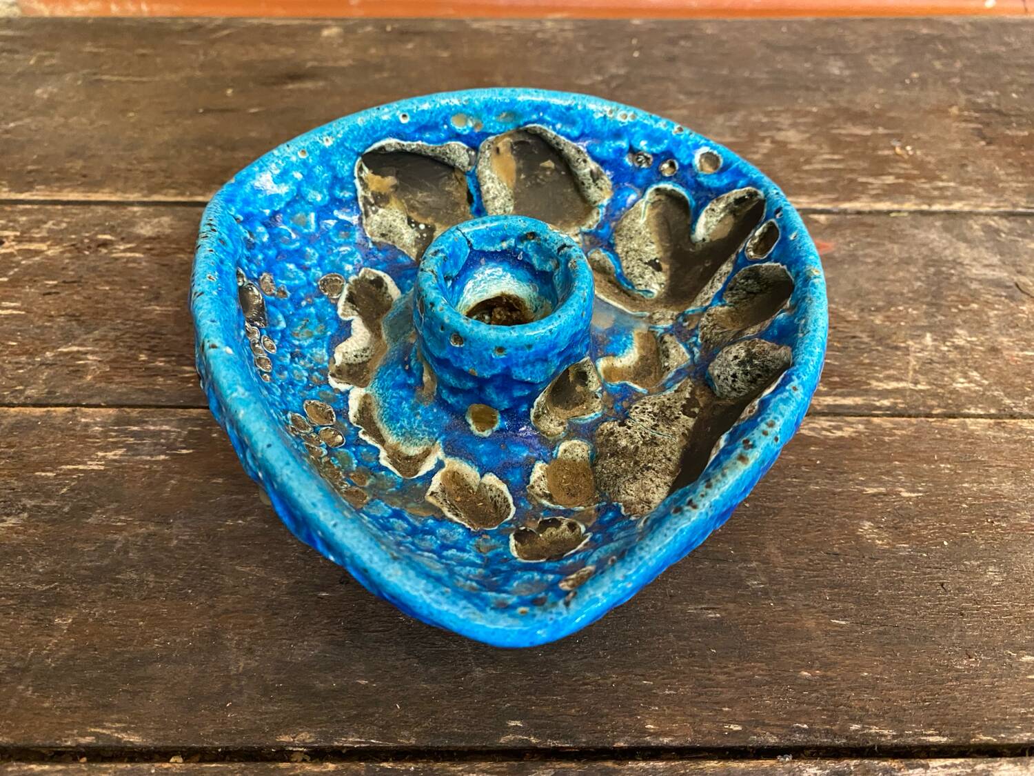 Vintage blue fat lava ceramic cyclops candle holder charles cart