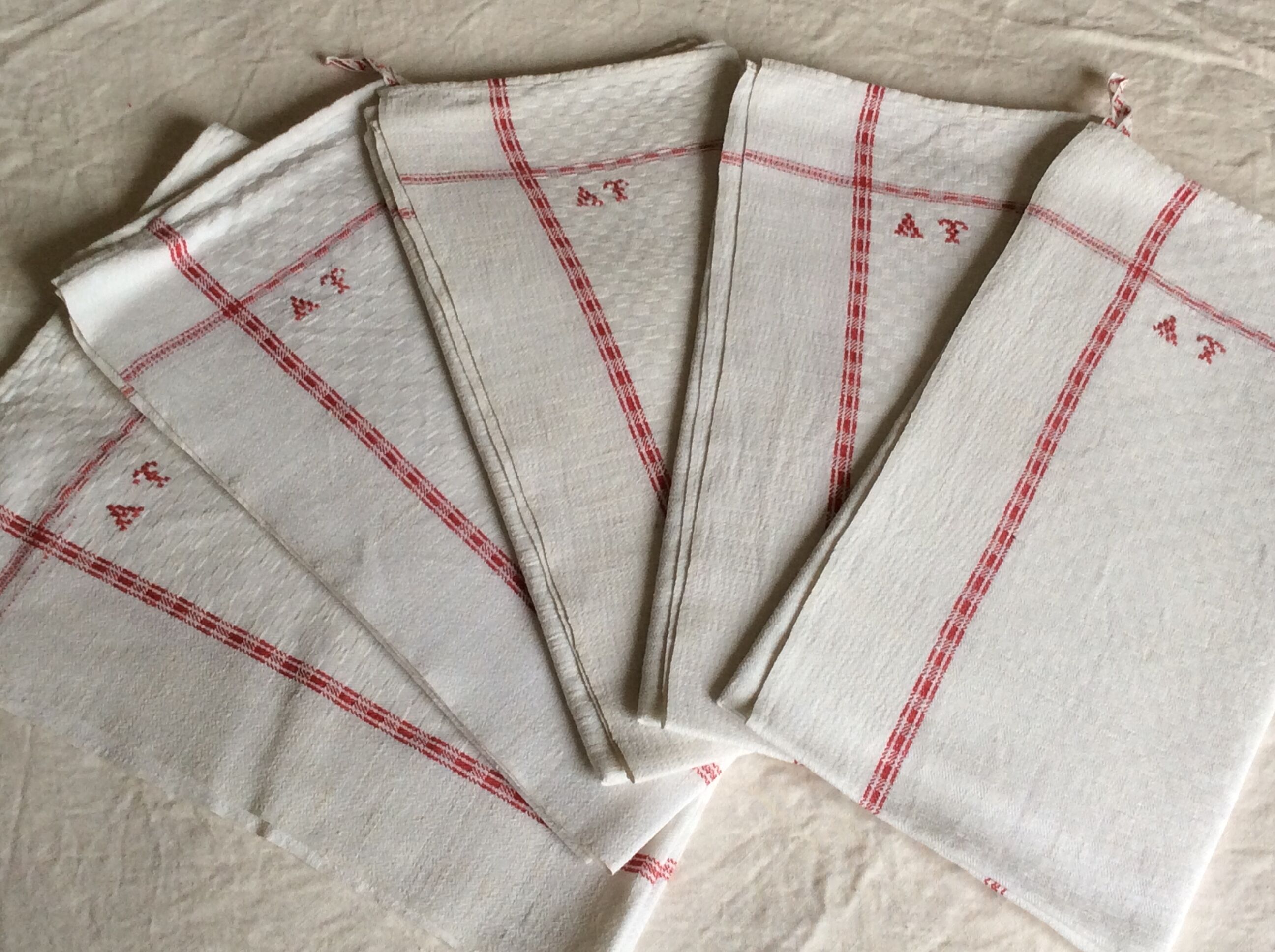 5 old tea towels, red monogram, vintage kitchen