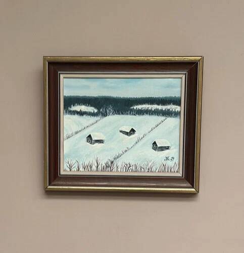 Swedish Oil on Canvas “Houses in the snow” by Nik 79 Vintage & Framed 35x30cm