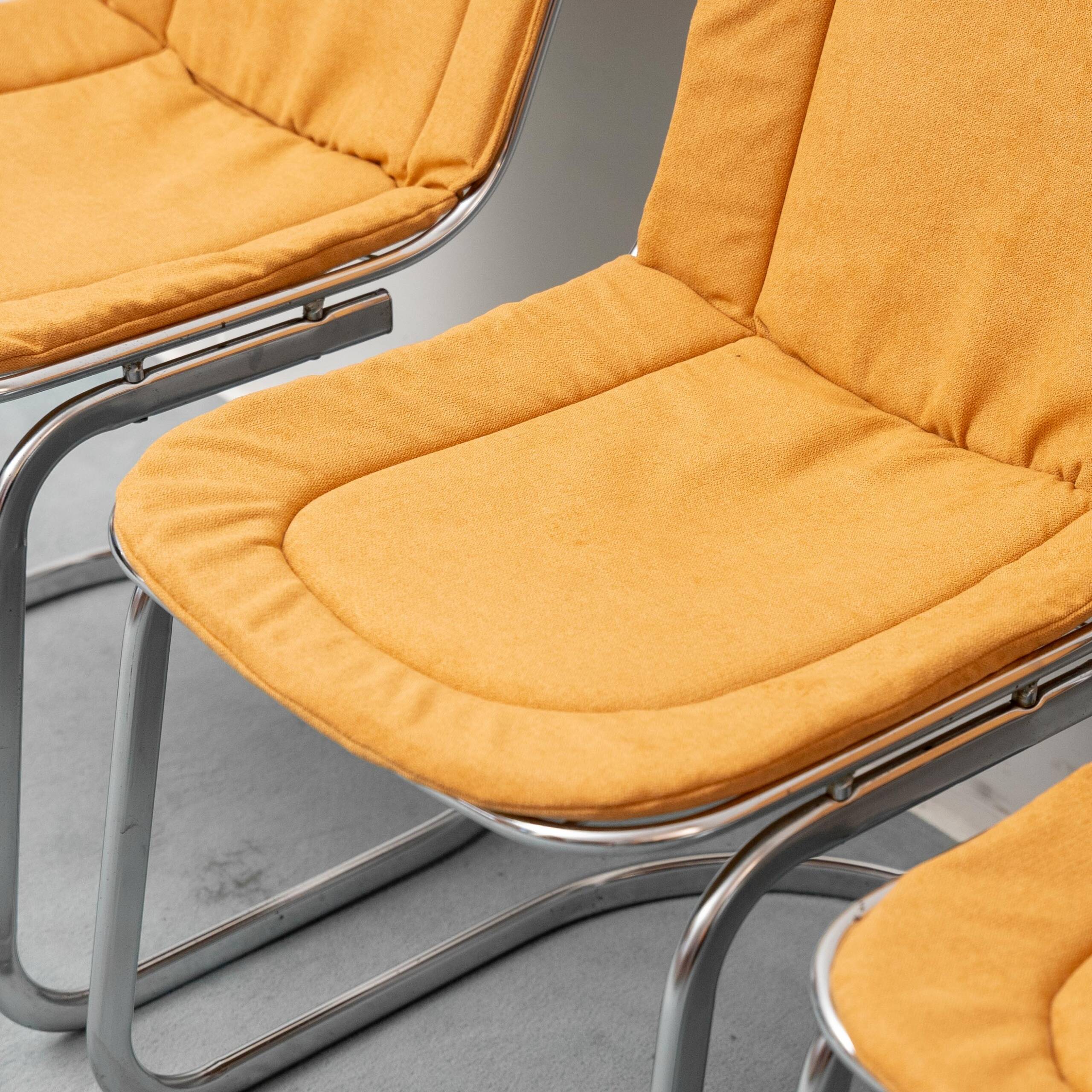 Set of 4 vintage Gastone Rinaldi chairs in chromed steel and yellow fabric, 1970s modernism