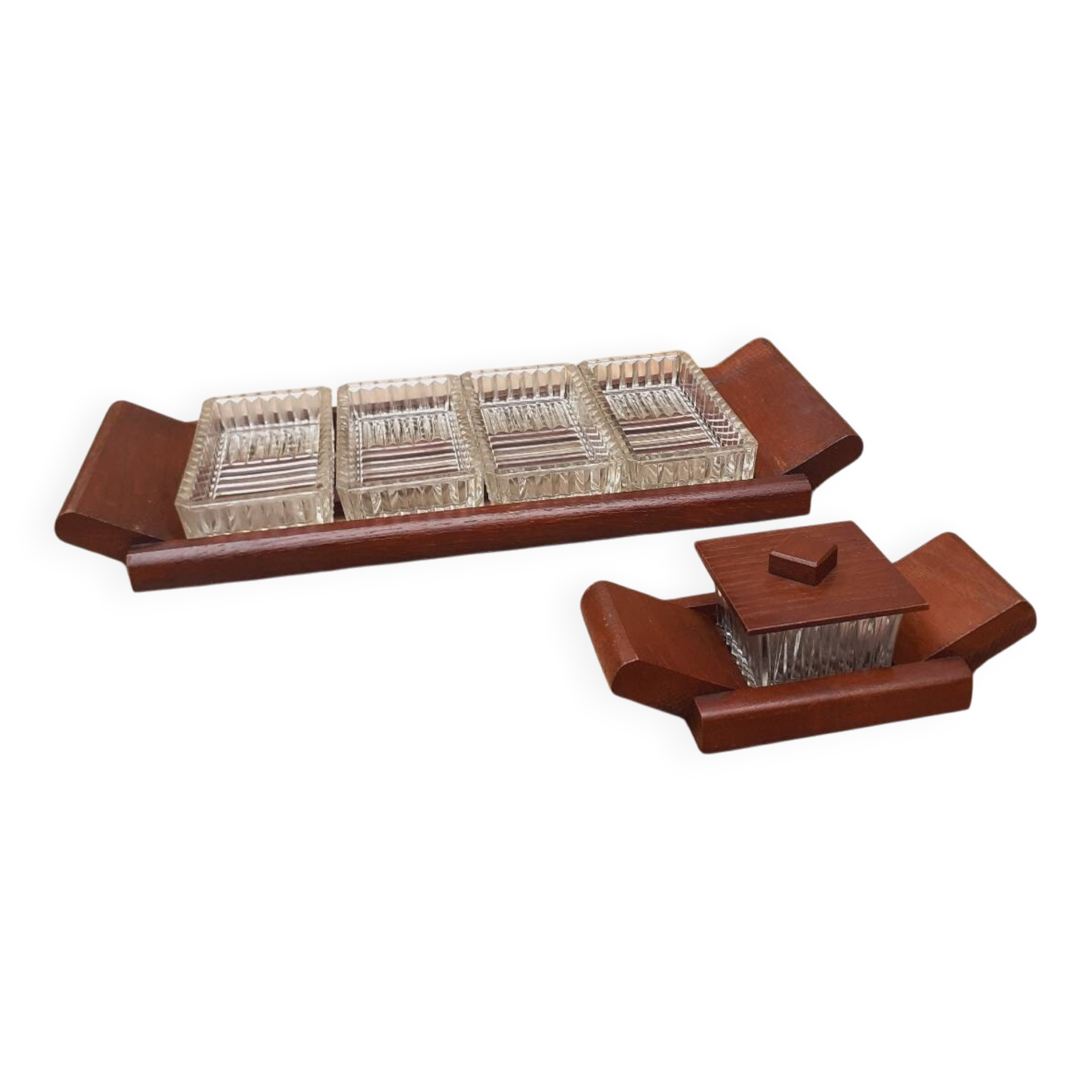 Vintage aperitif tray in oak and molded glass from the 50s