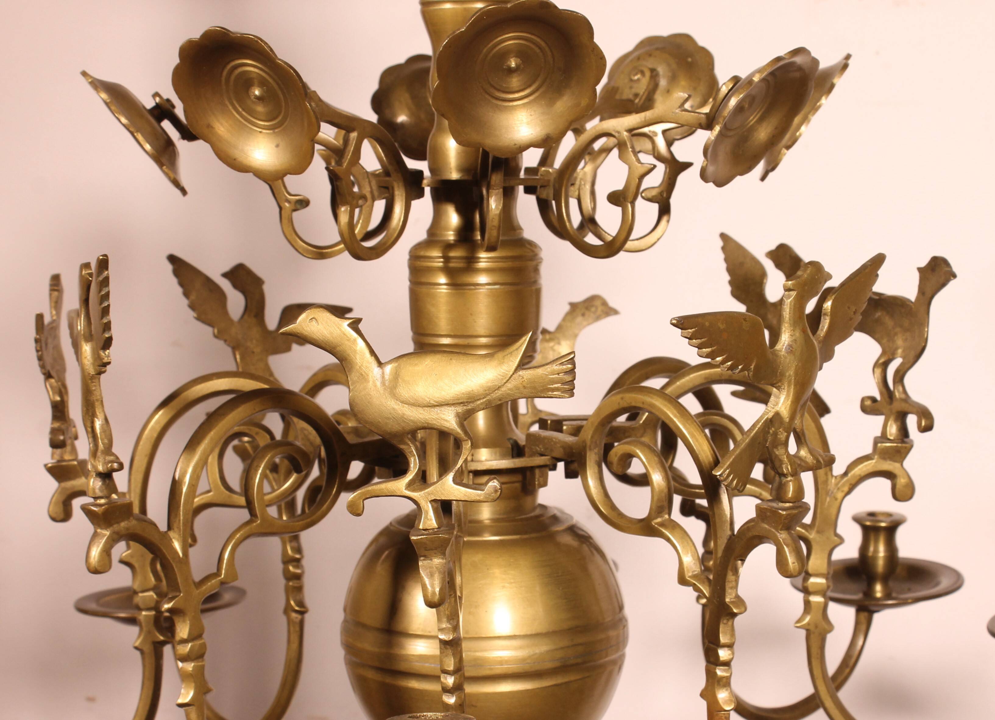 Bronze 8-Branch Chandelier Decorated with Birds