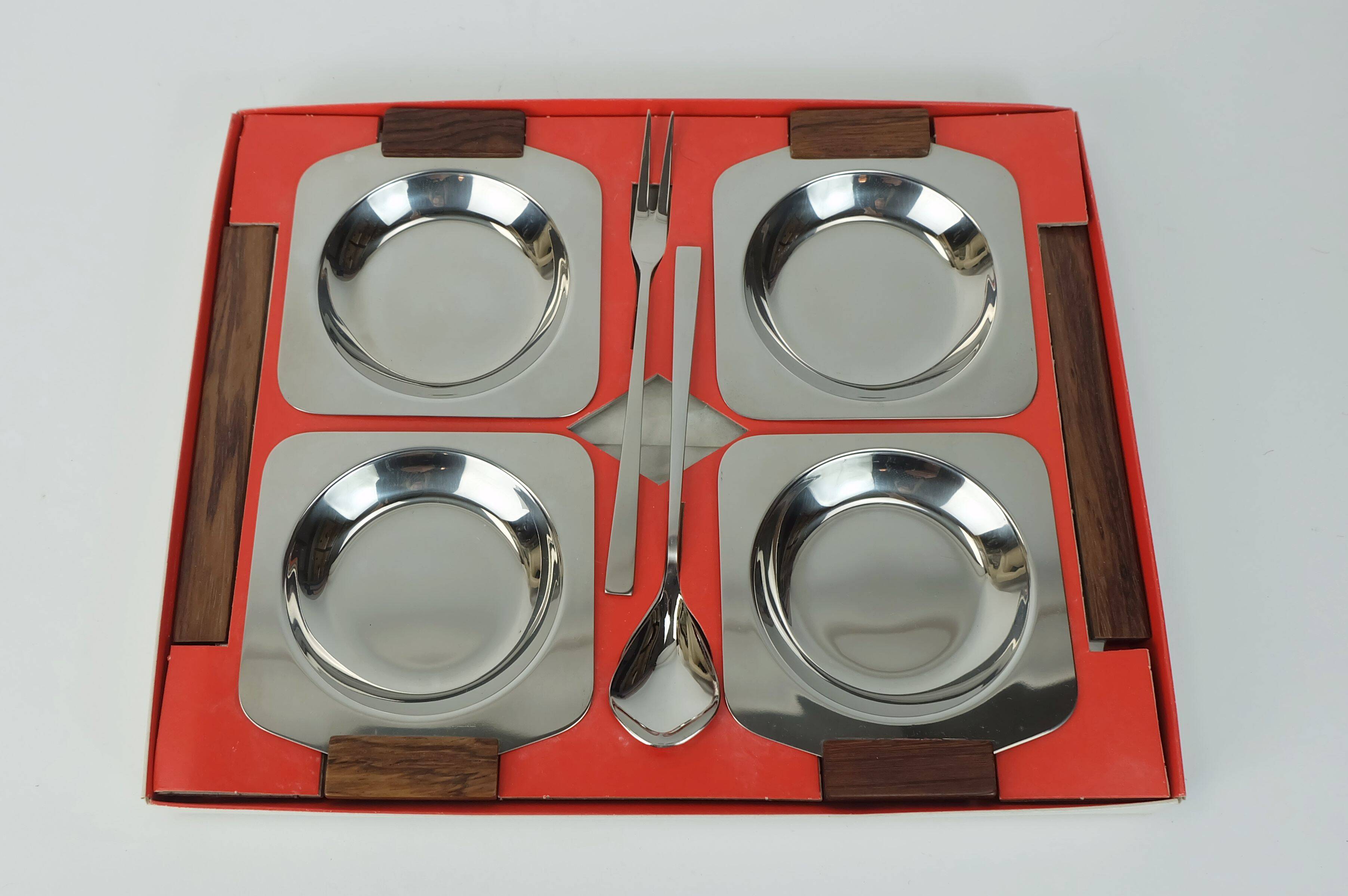 BOWL SET dip bowls party serving set stainless steel and wood 1960s