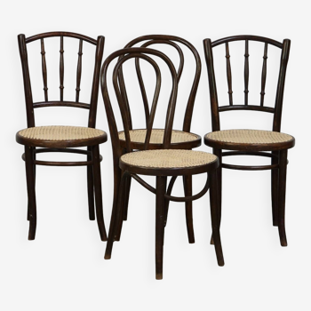 Ensemble combiné de 4 chaises de bistro Thonet antiques originales avec de nouveaux sièges
