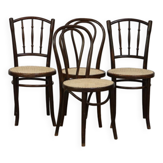 Ensemble combiné de 4 chaises de bistro Thonet antiques originales avec de nouveaux sièges