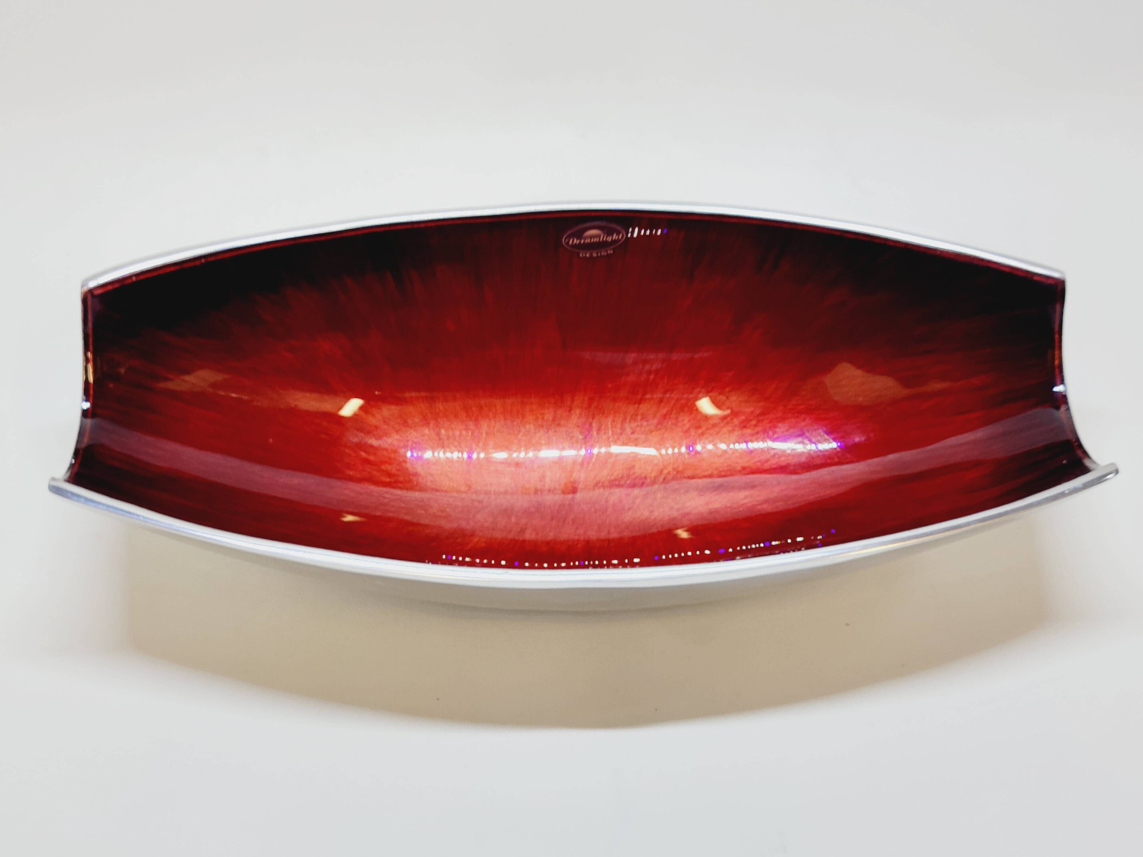 Designer bowl centerpiece in iridescent red enameled metal