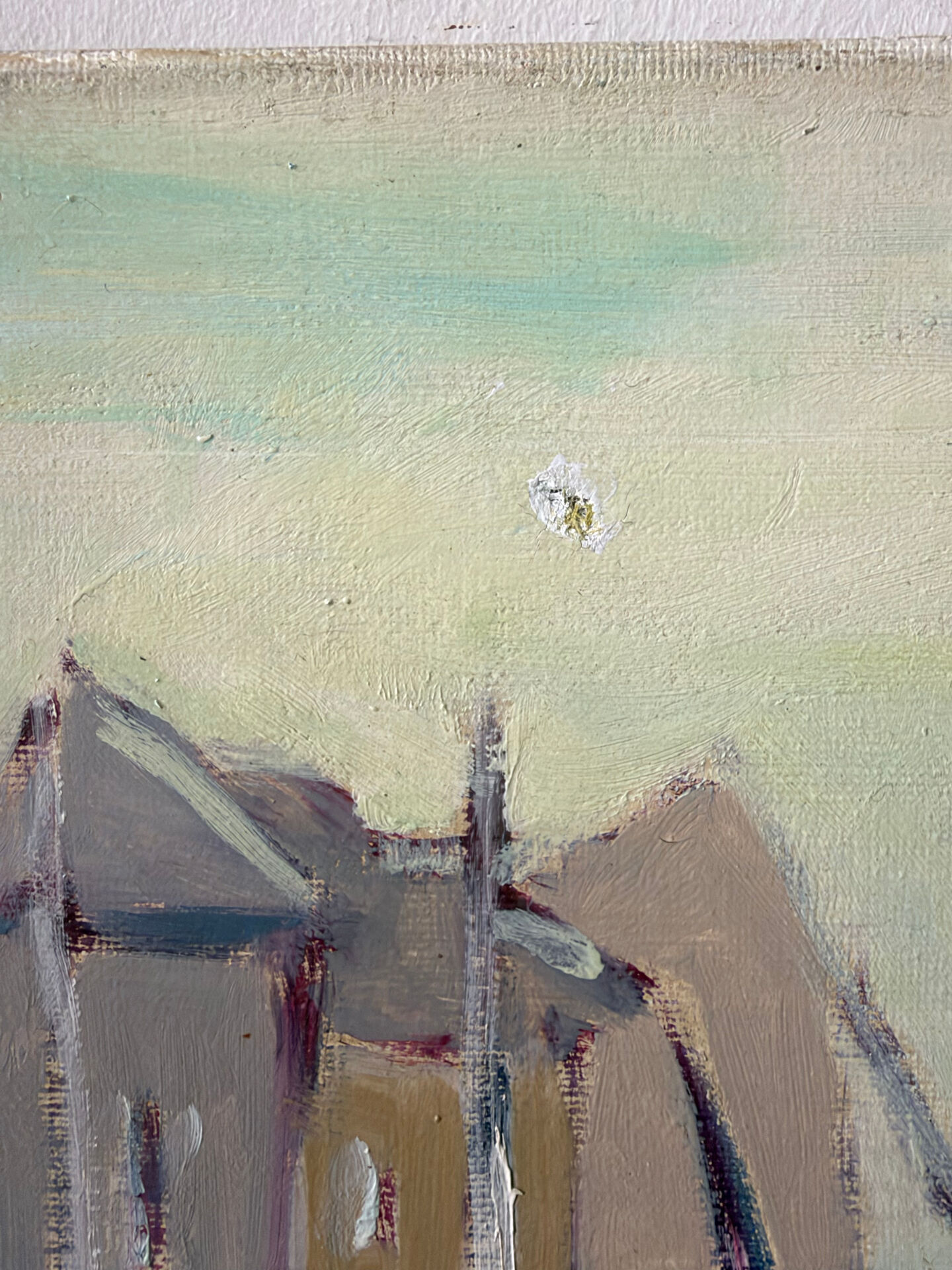 Houses by the port in the mist, oil on canvas signed 1989