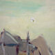 Houses by the port in the mist, oil on canvas signed 1989