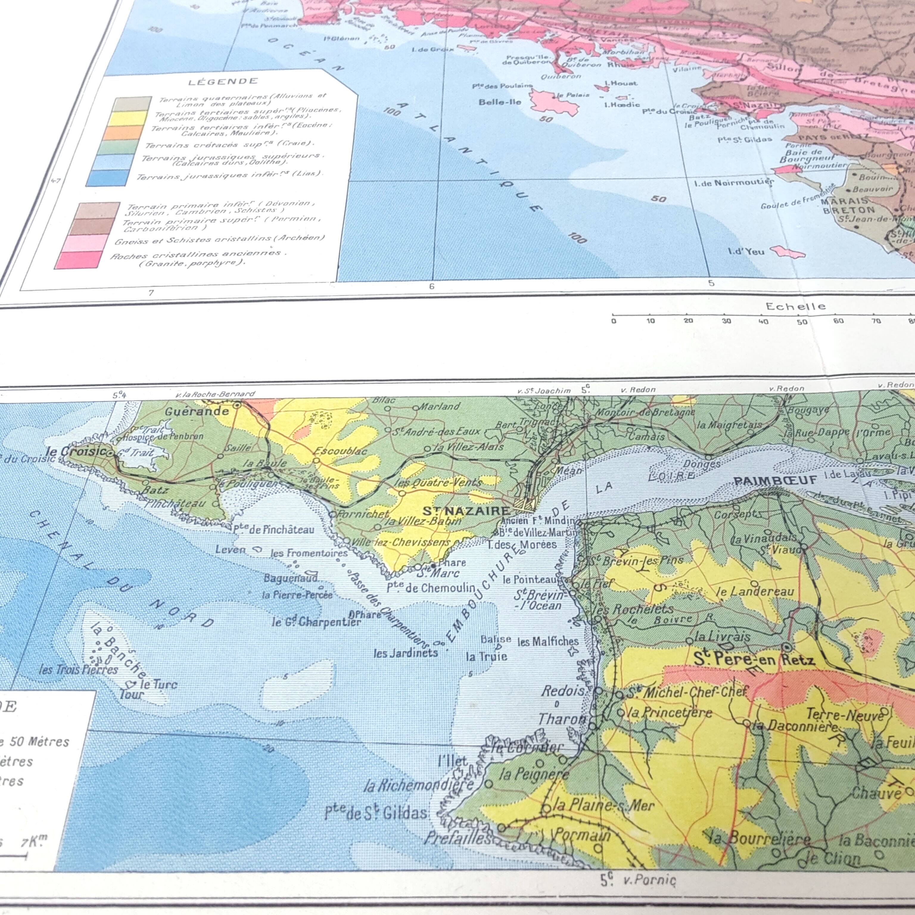 Brittany and Loire estuary map 43x43cm vintage from 1950