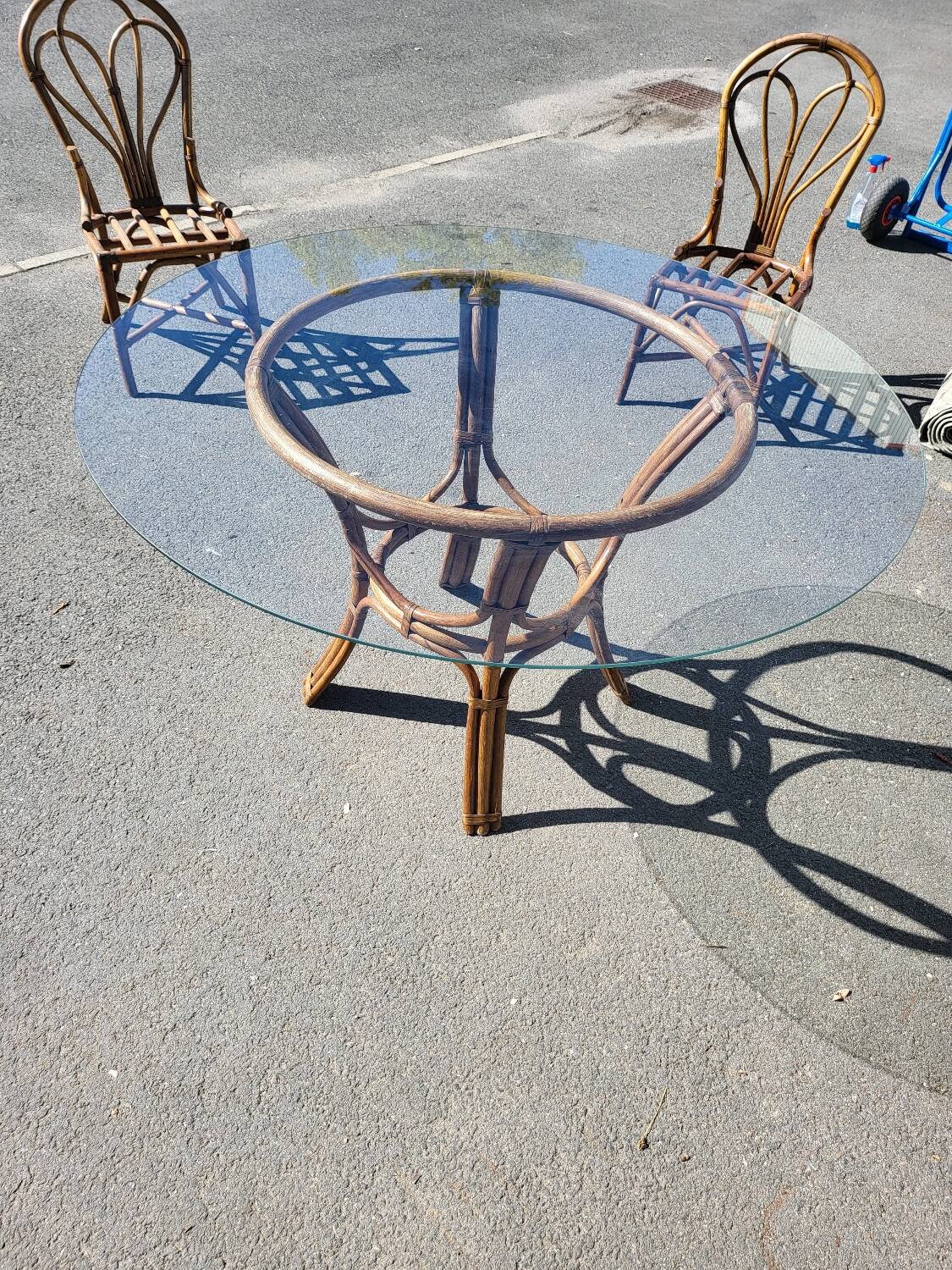 Vintage rattan and glass set - round table + 4 chairs