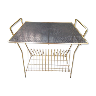Side table vinyl record holder, brass, perforated mesh 1960