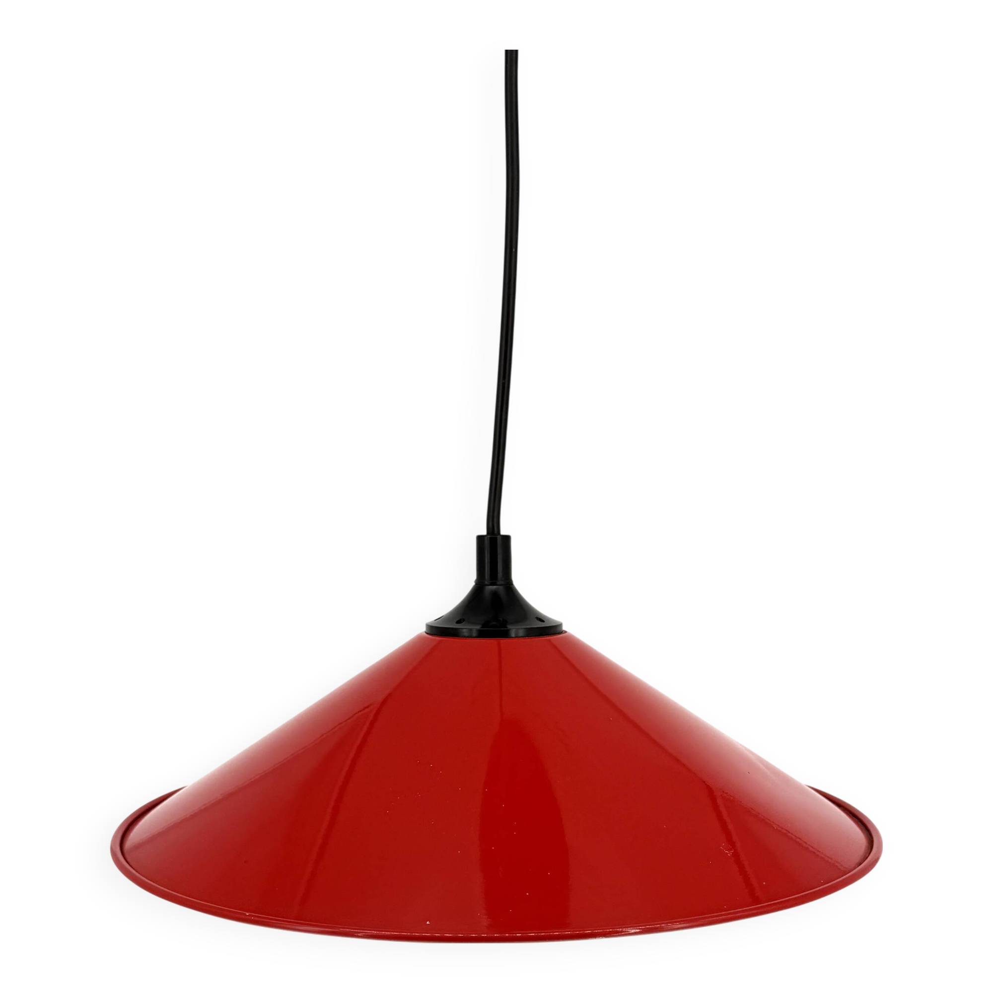 Red conical pendant light in enamelled metal