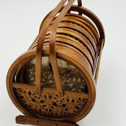 Vintage wooden coaster holder with 6 butterfly coasters.