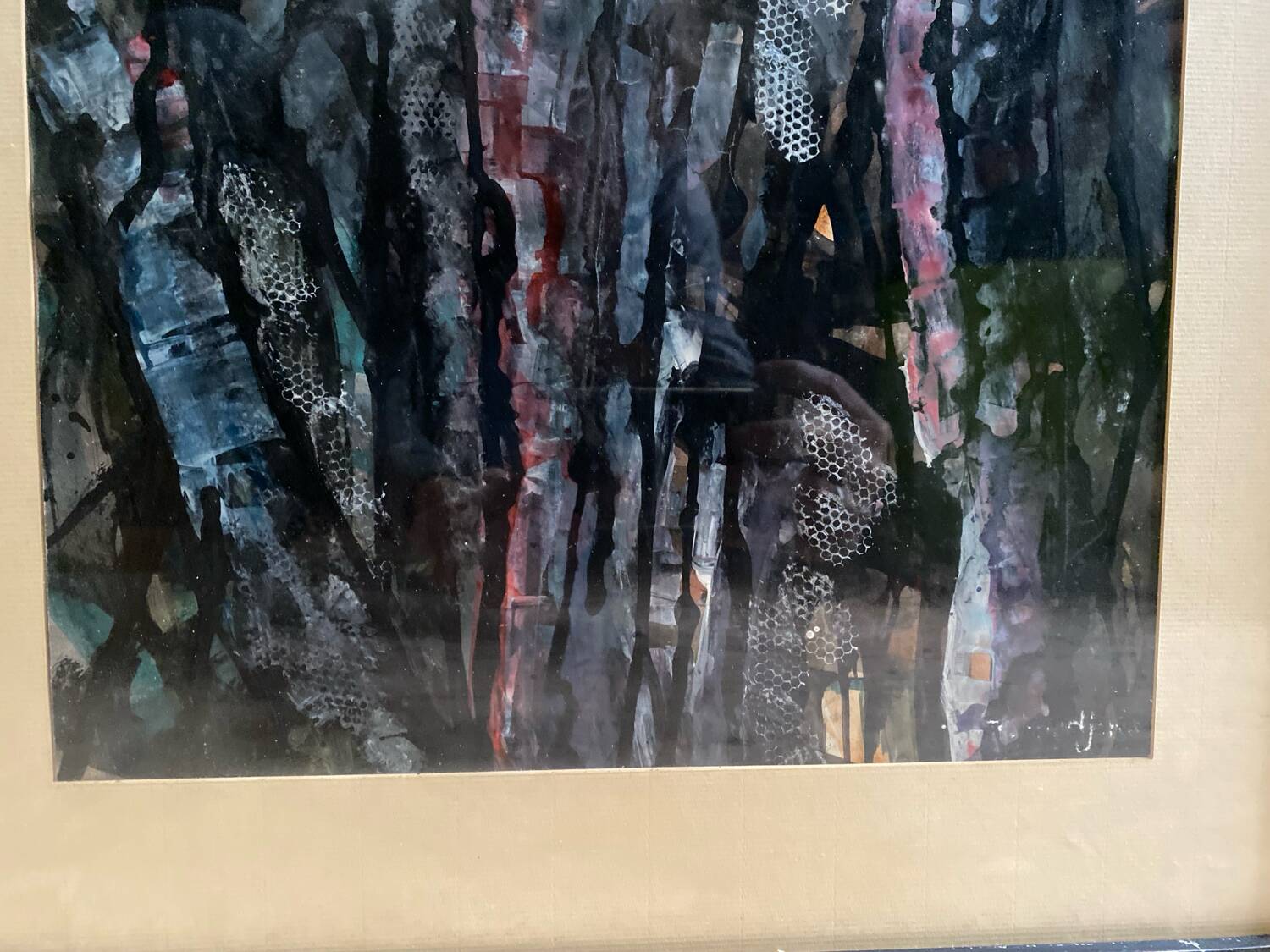 Old Abstract Oil On Paper Signed + Black Wood Frame #B548